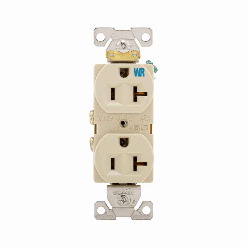 Eaton WRBR20V commercial specification grade duplex receptacle, #14-10 AWG, 20A, Commercial, Flush, 125V, Back and side, Ivory, Brass, Weather resistant, Impact-resistant nylon face, Glass-filled nylon base, 5-20R, Duplex, Screw, Nylon, Core pack Eaton WRBR20V commercial specification grade duplex receptacle, #14-10 AWG, 20A, Commercial, Flush, 125V, Back and side, Ivory, Brass, Weather resistant, Impact-resistant nylon face, Glass-filled nylon base, 5-20R, Duplex, Screw, Nylon, Core pack