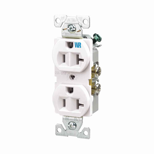 Eaton WRBR20W commercial specification grade duplex receptacle, #14-10 AWG, 20A, Commercial, Flush, 125V, Back and side, White, Brass, Weather resistant, Impact-resistant nylon face, Glass-filled nylon base, 5-20R, Duplex, Screw, Nylon, Core pack Eaton WRBR20W commercial specification grade duplex receptacle, #14-10 AWG, 20A, Commercial, Flush, 125V, Back and side, White, Brass, Weather resistant, Impact-resistant nylon face, Glass-filled nylon base, 5-20R, Duplex, Screw, Nylon, Core pack