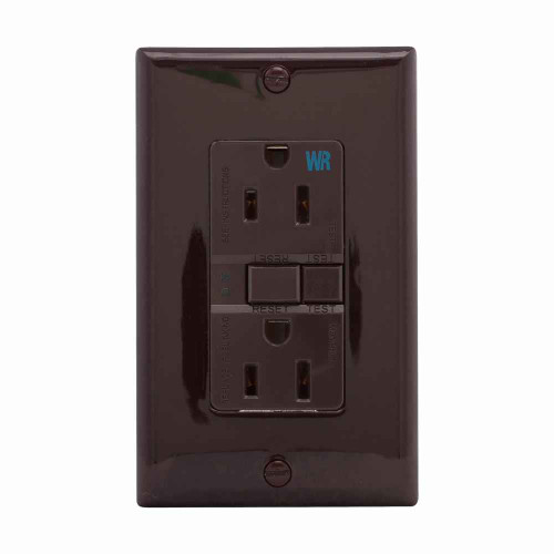 Eaton WRSGF15B GFCI receptacle,Weather resistant,Self-test,#14 - 10 AWG,15A,Residential,Commercial,Flush,125 V,GFCI,Back and side wire,Brown,Brass,Receptacle,Weather resistant,Polycarbonate,5-15R,Two-pole,Three-wire,Two-pole, three-wire, grounding