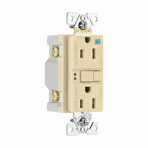 Eaton WRSGF15FV GFCI receptacle,NAFTA compliant,Weather resistant,Self-test,#14 - 10 AWG,15A,Residential,Commercial,Flush,125 V,Back and side wire,Ivory,Brass,Weather resistant,Polycarbonate,5-15R,Two-pole,Three-wire,Two-pole, three-wire, grounding Eaton WRSGF15FV GFCI receptacle,NAFTA compliant,Weather resistant,Self-test,#14 - 10 AWG,15A,Residential,Commercial,Flush,125 V,Back and side wire,Ivory,Brass,Weather resistant,Polycarbonate,5-15R,Two-pole,Three-wire,Two-pole, three-wire, grounding