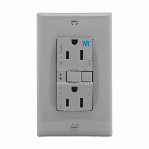 Eaton WRSGF15GY GFCI receptacle,Weather resistant,Self-test,#14 - 10 AWG,15A,Residential,Commercial,Flush,125 V,GFCI,Back and side wire,Gray,Brass,Receptacle,Weather resistant,Polycarbonate,5-15R,Two-pole,Three-wire,Two-pole, three-wire, grounding
