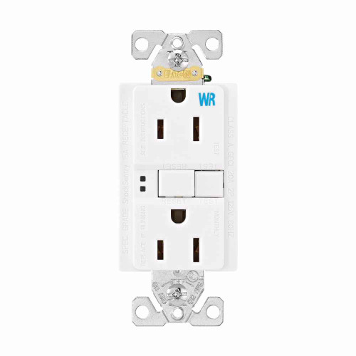 Eaton WRSGF15W GFCI receptacle,Weather resistant,Self-test,#14 - 10 AWG,15A,Residential,Commercial,Flush,125 V,GFCI,Back and side wire,White,Brass,Receptacle,Weather resistant,Polycarbonate,5-15R,Two-pole,Three-wire,Two-pole, three-wire, grounding