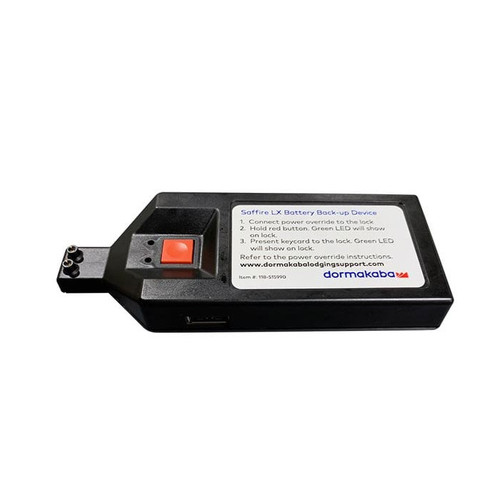 Dormakaba Saffire ELPS Emergency Power Override Assembly 118-515990, angled view showing red button, connector ports, and dormakaba branding