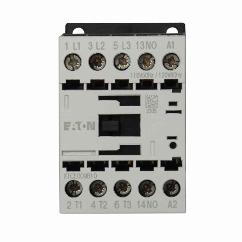 Eaton XTCE009B10D-QC1 XT IEC contactor, 9A, 550 Vac 50 Hz, 600 Vac 60 Hz, 1NO, 9A, Frame B, 45 mm, 50-60 Hz, 0.5, 1, 1.25/ 3, 3, 5, 7.5 hp (1/3PH @115, 200, 230/200, 230, 460, 575 V), Three-pole, Screw terminals, Full voltage non-reversing contactor
