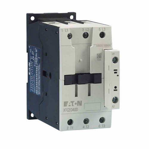 Eaton XTCE040D00AD XT IEC contactor, 40A, 120 Vdc, 0NO-0NC, 40A, Frame D, 55 mm, 3, 5, 7.5/ 10, 15, 30, 40 hp (1/3PH @115, 200, 230/200, 230, 460, 575 V), Three-pole, Non-reversing, , Screw terminals, FVNR