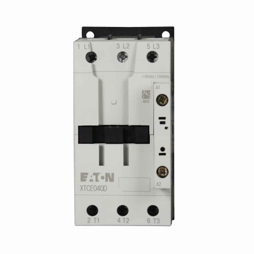 Eaton XTCE050D00BD XT IEC contactor, 50A, 220 Vdc, 0NO-0NC, 50A, Frame D, 55 mm, 3, 7.5, 10/ 15, 20, 40, 50 hp (1/3PH @115, 200, 230/200, 230, 460, 575 V), Three-pole, Non-reversing, , Screw terminals, FVNR