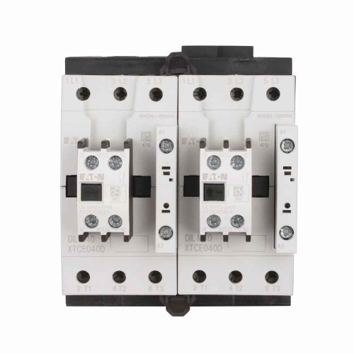 Eaton XTCR040D11AD XT IEC contactor, 40A, Top-mounted, 120 Vdc, 1NO-1NC, 40A, Frame D, 55 mm, 3, 7.5/ 10, 15, 30, 40 hp (1/3PH @115, 230/200, 230, 460, 575 V), Three-pole, Reversing, XT IEC series, Screw terminals, Full voltage reversing contactor