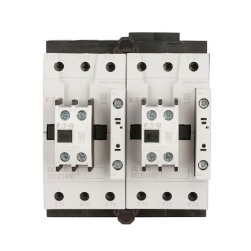 Eaton XTCR040D11P XT IEC contactor, 40A, Top-mounted, 380 Vac, 60 Hz, 1NO-1NC, 40A, Frame D, 55 mm, 60 Hz, 3, 7.5/ 10, 15, 30, 40 hp (1/3PH @115, 230/200, 230, 460, 575 V), Three-pole, Reversing, , Screw terminals, Full voltage reversing contactor