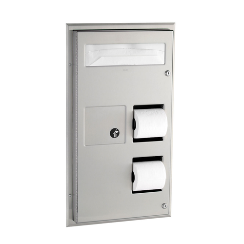 Bobrick B-357 Partition-Mounted, Seat-Cover Dispenser, Sanitary Napkin Disposal and Toilet Tissue Dispenser