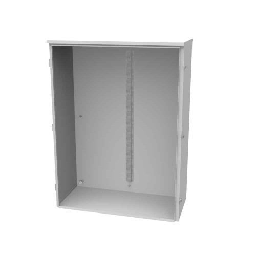 Milbank 364816-TC3R 48x16x36 Hinge Cover Type 3R UL Listed Steel No Knockouts ANSI 61 Gray Back Panel Weld Studs Drip Shield Emboss Mounting Holes In Back Padlocking Draw Latch Quad D Knockout For Lock