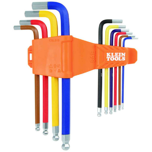 Klein Tools CBLS10 Powder Coated Long Ball-End Hex Key Set, SAE, 10-Piece