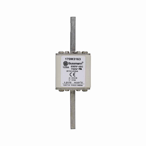 Bussmann 170M3163 Eaton series high speed square body fuse, 700V (UL), 690V (IEC), 125A, 200 kAIC, Top fuse status indicator, Fuse, Blade end X blade end, Class aR, DIN 43 620 - 170M3163