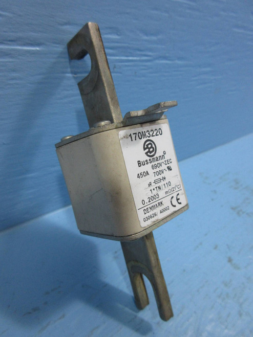 Bussmann 170M3220 Eaton series high speed square body fuse, 1250V (IEC), 1300V (UL), 450A, 200 kAIC, Top fuse status indicator, Fuse, Blade end X blade end, Class aR, DIN 43 620 - 170M3220