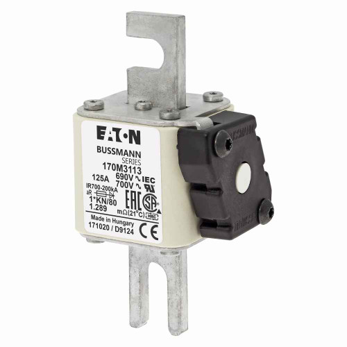 Bussmann 170M3113 Eaton series high speed square body fuse, 700V (UL), 690V (IEC), 125A, 200 kAIC, Other, Fuse, Blade end X blade end, Class aR, DIN 43 620 - 170M3113