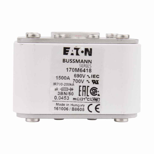Bussmann 170M6418 Eaton series high speed square body fuse,1500A,200 kAIC,Class aR,,Flush,Standard,Clearing at 660V: 3100000,square body with flush end contacts,Top fuse status indicator,460000,160W