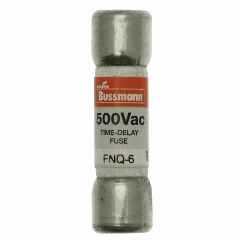 Bussmann FNQ-6 Eaton series FNQ fuse, Time-delay Midget fuse, Motor control transformers, circuits with in-rush currents, 6 A, Non-indicating, Ferrule end x ferrule end, 10 kAIC at 500 Vac, Nickel-plated bronze endcap, Standard, 500 V