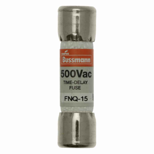 Bussmann FNQ-15 Eaton series FNQ fuse, Time-delay Midget fuse, Motor control transformers, circuits with in-rush currents, 15 A, Non-indicating, Ferrule end x ferrule end, 10 kAIC at 500 Vac, Nickel-plated bronze endcap, Standard, 500 V