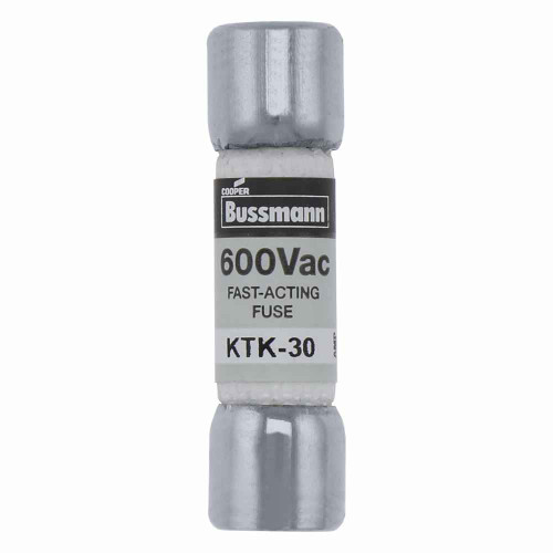 Bussmann KTK-30 Eaton series KTK fuse, LIMITRON Fast-acting fuse, Control circuits, lighting circuit protection, meter circuits, 30 A, Non-indicating, Ferrule end x ferrule end, 100 kAIC at 600 V, Nickel-plated bronze endcap,Melamine tube, 600 V