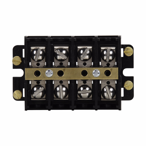 Bussmann KUXSC4-GE Eaton KU series panel mount terminal block connector, Shorting strap and four shorting screws, 600V, 60A, Double row, short, Four-pole, #10-32 TPI Screw, Panel, Black, Nickel-plated brass terminal - KUXSC4-GE
