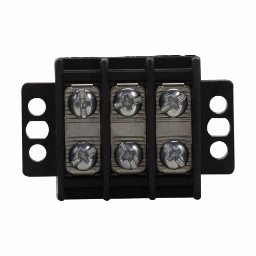 Bussmann TB200HB-03QC3 Eaton TB200 series panel mount terminal block connector, Breakdown voltage 4800V, Three quick connects, 600V, 30A, Double row, high barrier, Three-pole, #6-32 TPI Screw, Tin-plated brass terminal, Zinc-plated Steel philslot scr