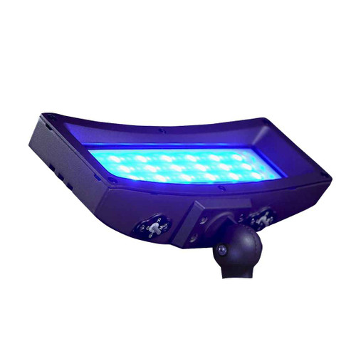EXO Lightscaper RGBW Linear LED Floodlight in bronze finish, illuminated in blue, showing curved die-cast aluminum housing, glass lens, and knuckle ball mount — 17W, 1950 lumens, 10-color switchable output, wet location rated