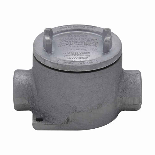 Crouse-Hinds EABC16 Eaton series Condulet EAB conduit outlet box with cover, 3" cover opening diameter, Feraloy iron alloy, C shape, 1/2"
