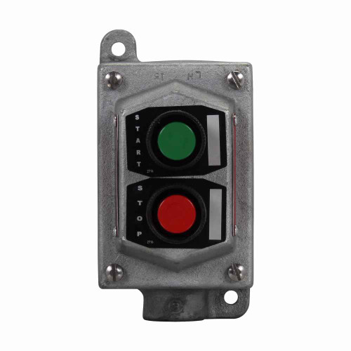 Crouse-Hinds EFS115 Eaton series EFS pushbutton control station, With pushbuttons, With one 1/2" hub, Feraloy iron alloy, Two circuit, 2, 2, Single-gang, 2, Dead end, 1/2", 600 Vac