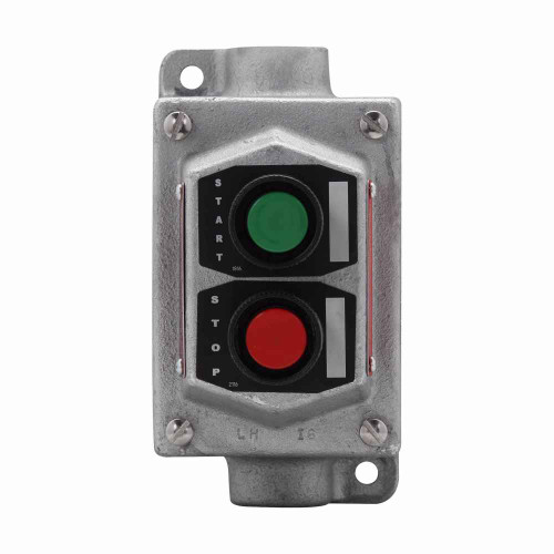 Crouse-Hinds EFSC215 SA Eaton series EFS pushbutton control station, With pushbuttons, With two 3/4" hubs, Copper-free aluminum, Two circuit, 2, 2, Single-gang, 2, Through feed, 3/4", 600 Vac