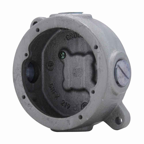 Crouse-Hinds GRFX239 HDG Eaton series Condulet GRF tapped outlet box with lugs, 3-1/8" inside depth, Feraloy iron alloy, Hot dip galvanized finish, Surface mount, 4 hubs, 3 plugs, Blank back boss, 3/4"