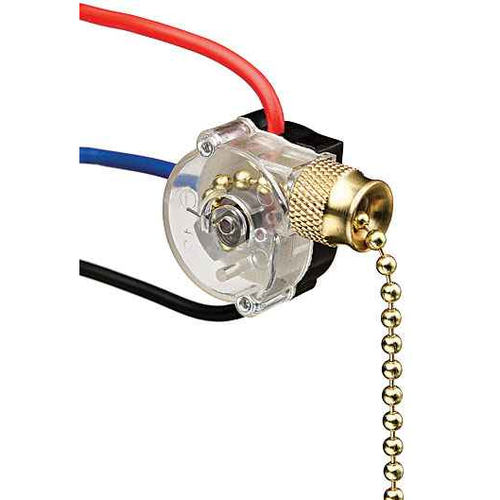 Ideal Industries 3-Speed Pull Chain Switch SPTT Brass Off-On(A)-On(B)-On(A+B) Configuration