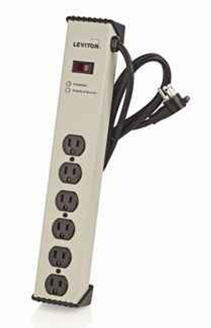 Leviton 5300-IPS 1449 3rd Edition, 125 Volt 15 Amp Surge Protected, 6-Outlet Strip w/Switch, 1330 Joules, 6 Feet 14-3 SJT Cord Length, Aluminum Housing - BEIGE