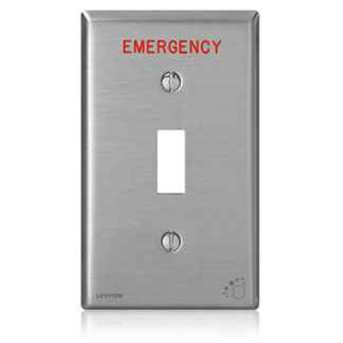 Leviton 84001-E4A Antimicrobial Treated Stainless Steel with Engraved Emergency 1-Gang Toggle Switch Wallplate