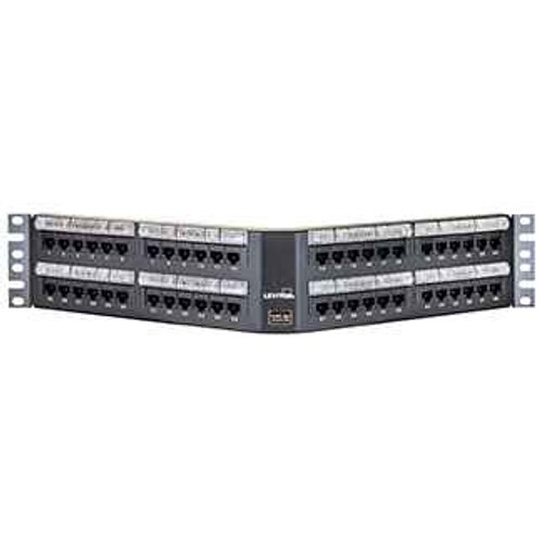 Leviton 5G597-L48 Cat 5e Angled 110-Style Patch Panel, 48-Port, 2RU, Magnifying Lens Label Holder