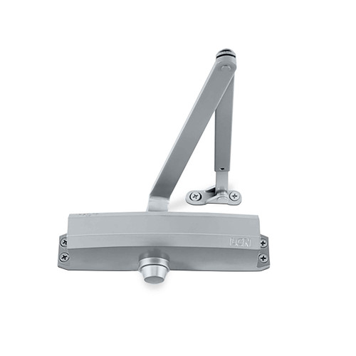 LCN 1250 surface-mounted door closer, 689 aluminum finish, standard arm, cast aluminum body, side view