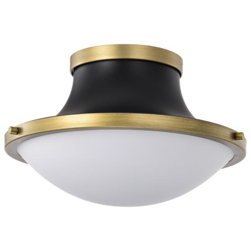 NUVO Lighting NUV-60-7905 Lafayette 1 Light Flush Mount Fixture - 14 Inches - Matte Black Finish with Natural Brass Accents and White Opal Glass