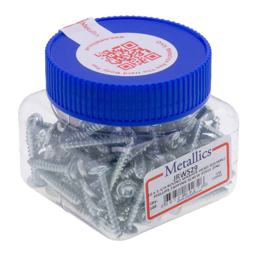 Metallics JRWS29 10 x 1-1/4 in. Round Washer Head Combo Sharp Point Tapping Screws - Steel Zinc - 100qty Metallics JRWS29 10 x 1-1/4 in. Round Washer Head Combo Sharp Point Tapping Screws - Steel Zinc - 100qty