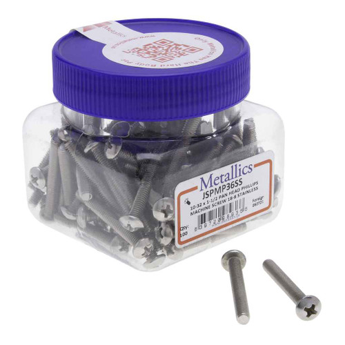 Metallics JSPMP36SS 10-32 x 1-1/2 in. Pan Head Phillips Machine Screws - 18-8 Stainless - 100qty Metallics JSPMP36SS 10-32 x 1-1/2 in. Pan Head Phillips Machine Screws - 18-8 Stainless - 100qty