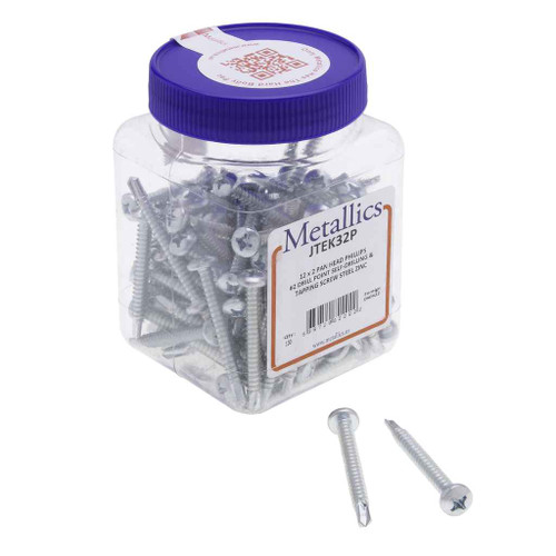 Metallics JTEK32P 12 x 2 in. Pan Head Phillips Self-Drilling & Tapping Screws - #3 Drill Point- Steel Zinc - 100qty Metallics JTEK32P 12 x 2 in. Pan Head Phillips Self-Drilling & Tapping Screws - #3 Drill Point- Steel Zinc - 100qty