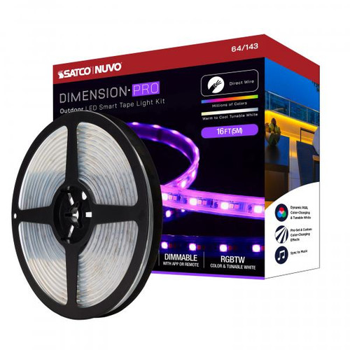 NUVO Lighting NUV-64-143 Dimension Pro - Tape light strip - 16 ft. - Hi-Output - RGB plus Tunable White - J-Box connection - IP65 - Starfish IOT Capable - RF Remote Included