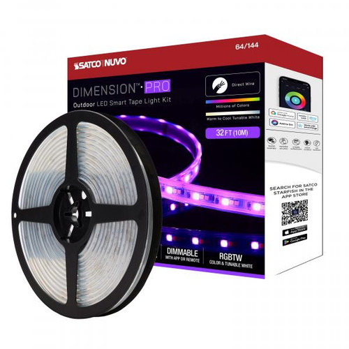 NUVO Lighting NUV-64-144 Dimension Pro - Tape light strip - 32 ft. - Hi-Output - RGB plus Tunable White - J-Box connection - IP65 - Starfish IOT Capable - RF Remote Included