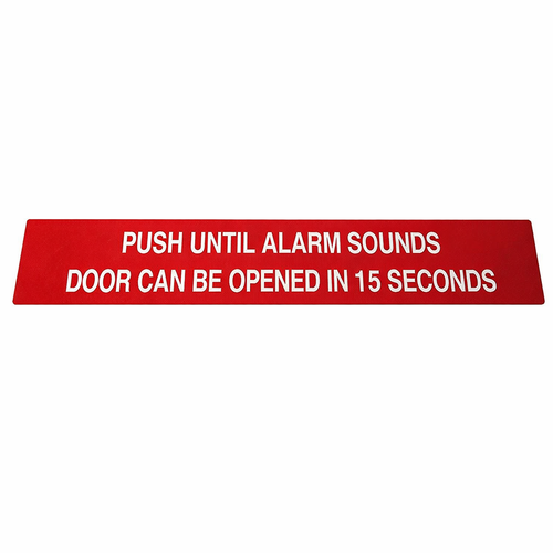 Detex ECL-395 delayed egress door sign, red aluminum, white text reading PUSH UNTIL ALARM SOUNDS DOOR CAN BE OPENED IN 15 SECONDS