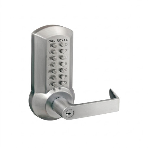 Cal Royal Mechanical Push Button Lock, Storeroom Function, 1 Entry Code of 1-12 Digits, Clutched, Schlage C Keyway 6-Pin, 2-3/4in Backset, Non-Handed, ASA Strike, Grade 2,