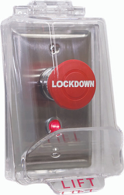 Camden CM-400 Series Heavy Duty Single Gang 1-5/8" Red Lockdown Mushroom Button With Red Flashing 1/2” 24V LED and Vandal Resistant Clear Plastic Lift Cover
