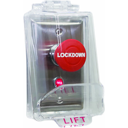 Camden CM-400 Series Heavy Duty Single Gang 1-5/8" Red Lockdown Mushroom Button With Red Flashing 1/2” 24V LED and Vandal Resistant Clear Plastic Lift Cover