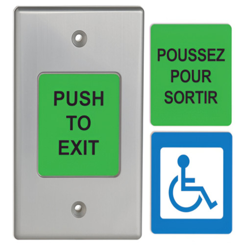 Camden CM-9700 Series 2" Piezoelectric Push/Exit Switch, with 3 English and French labels (‘PUSH TO EXIT’, POUSSEZ POUR SORTIR, WHEELCHAIR Symbol)