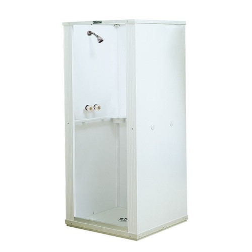 Mustee 30 DuraStall 30x30 Corner Shower Stall with Standard Base, White, shown assembled with showerhead and valve trim