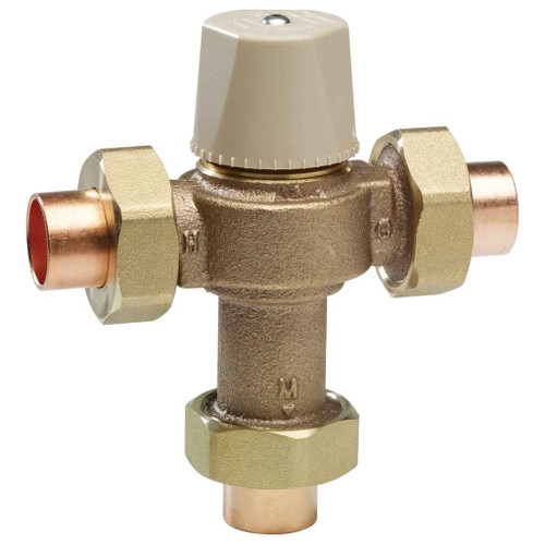 Watts 0206070 1/2 In Thermostatic Mixing Valve, Solder Union End Connections, Adjustable Out 80-120 F