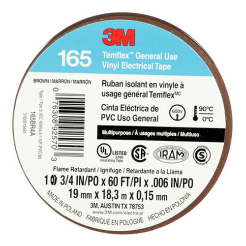 3M Temflex 165 Solvent-Free Vinyl Electrical Tape: 3/4 in. x 60 ft. (Brown)