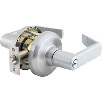 Stanley Security Grade 1 Storeroom Lever, Sierra (Bent) Lever with Rose, Less Cylinder, Square 2-3/4" Backset Latch, ASA Strike 4-7/8" x 1-1/4"
