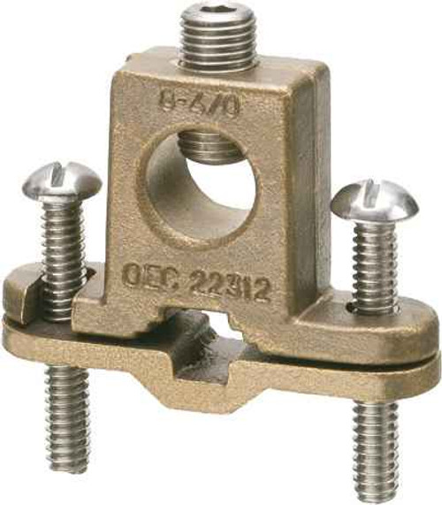 Arlington Industries 718DB Solid Bronze with stainless steel screws, bare wire ground clamp with box style lug. pipe size - 3/8" to 1", Wire Size - #8 to 4/0. Approved for direct burial on rebar pipe, tubing and rod.